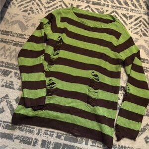 SHEIN Distressed Striped Crewneck Sweater - Green & Brown